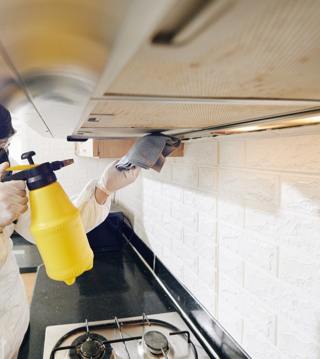 Cleaning service worker spraying detergent
